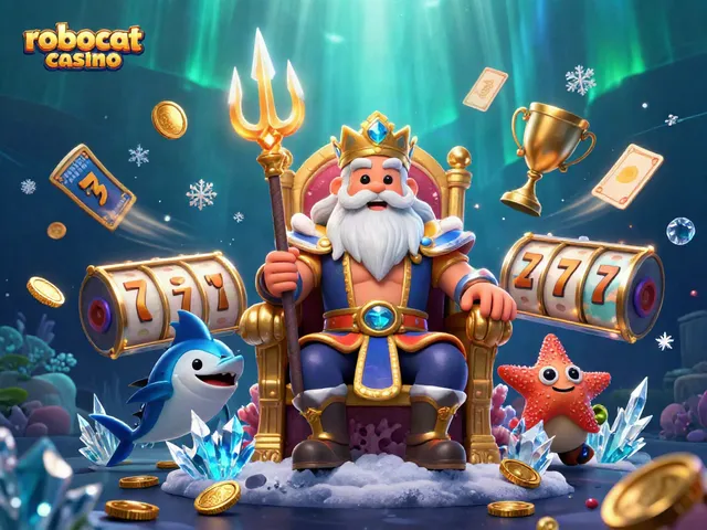 Experience the excitement of robocat casino with Neptune and dynamic gaming elements in a vibrant 3D scene.