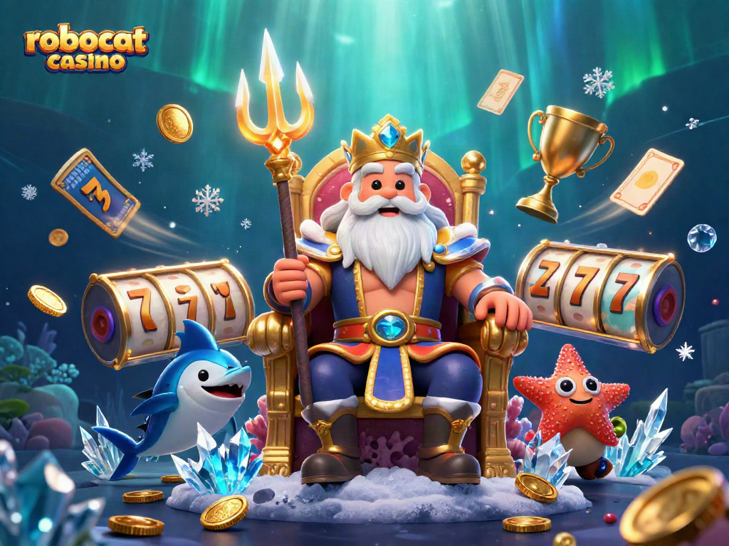 Experience the excitement of robocat casino with Neptune and dynamic gaming elements in a vibrant 3D scene.
