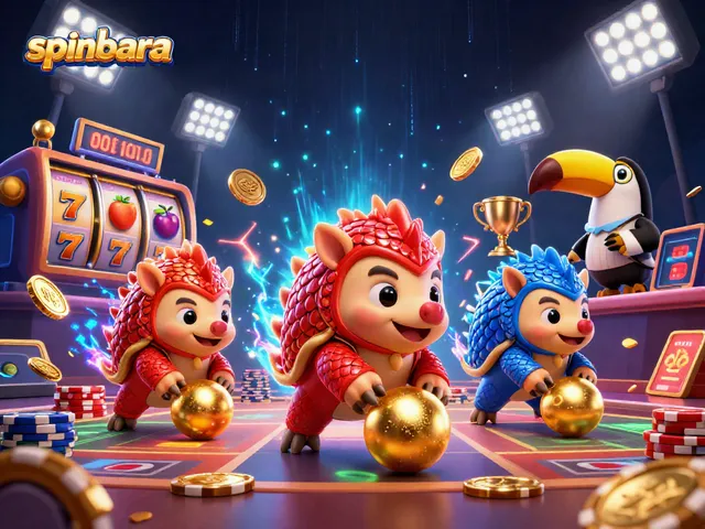 Spinbara pangolins roll through colorful slot reels and poker chips, showcasing vibrant casino action.