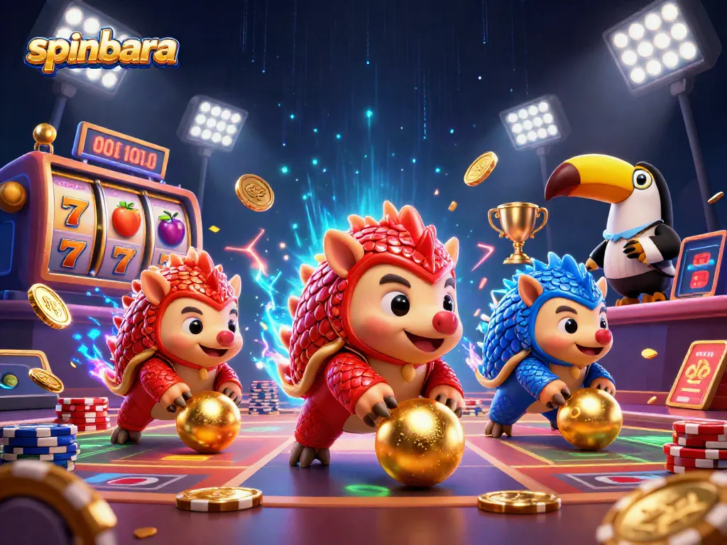Spinbara pangolins roll through colorful slot reels and poker chips, showcasing vibrant casino action.
