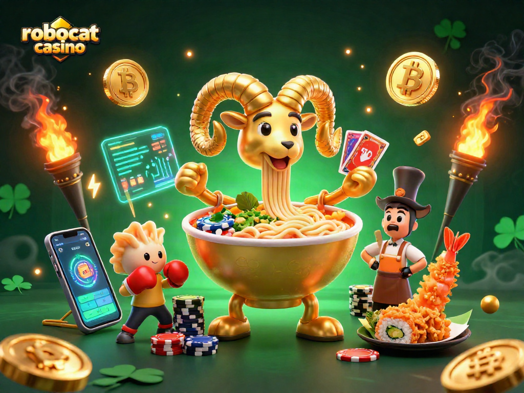 Engage with robocat casino's vibrant scene featuring characters stacking chips and glowing crypto coins.