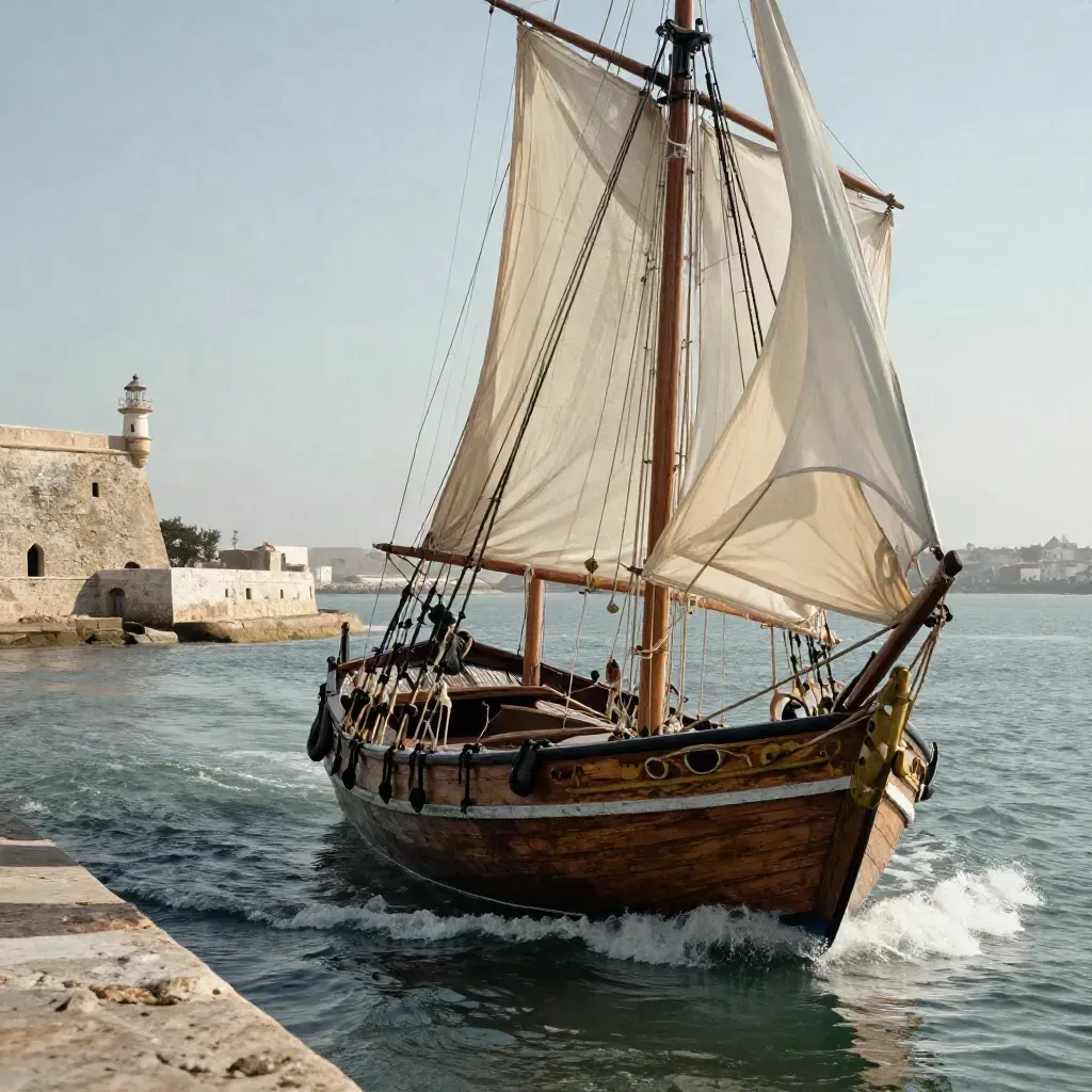 Carabela restaurada navegando junto a la muralla de Cádiz y un faro lejano