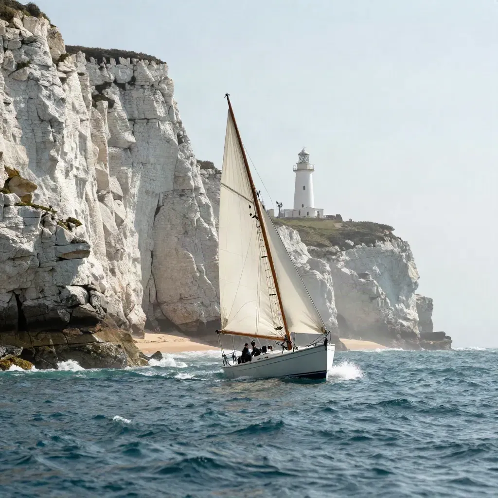 Paseo costero con velero pequeño bajo un acantilado y un faro blanco al fondo.