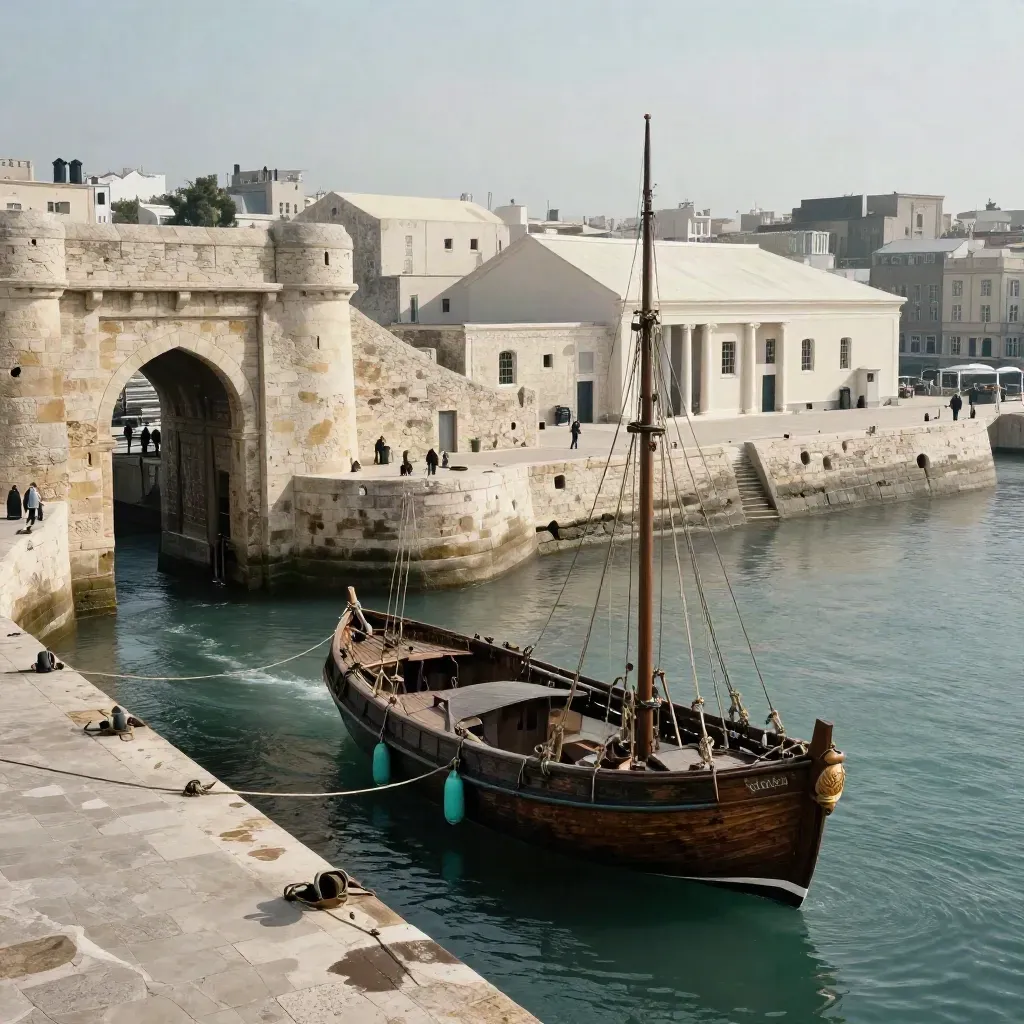 Puerto histórico con bastión de piedra, museo naval y barco de madera amarrado junto al muelle.