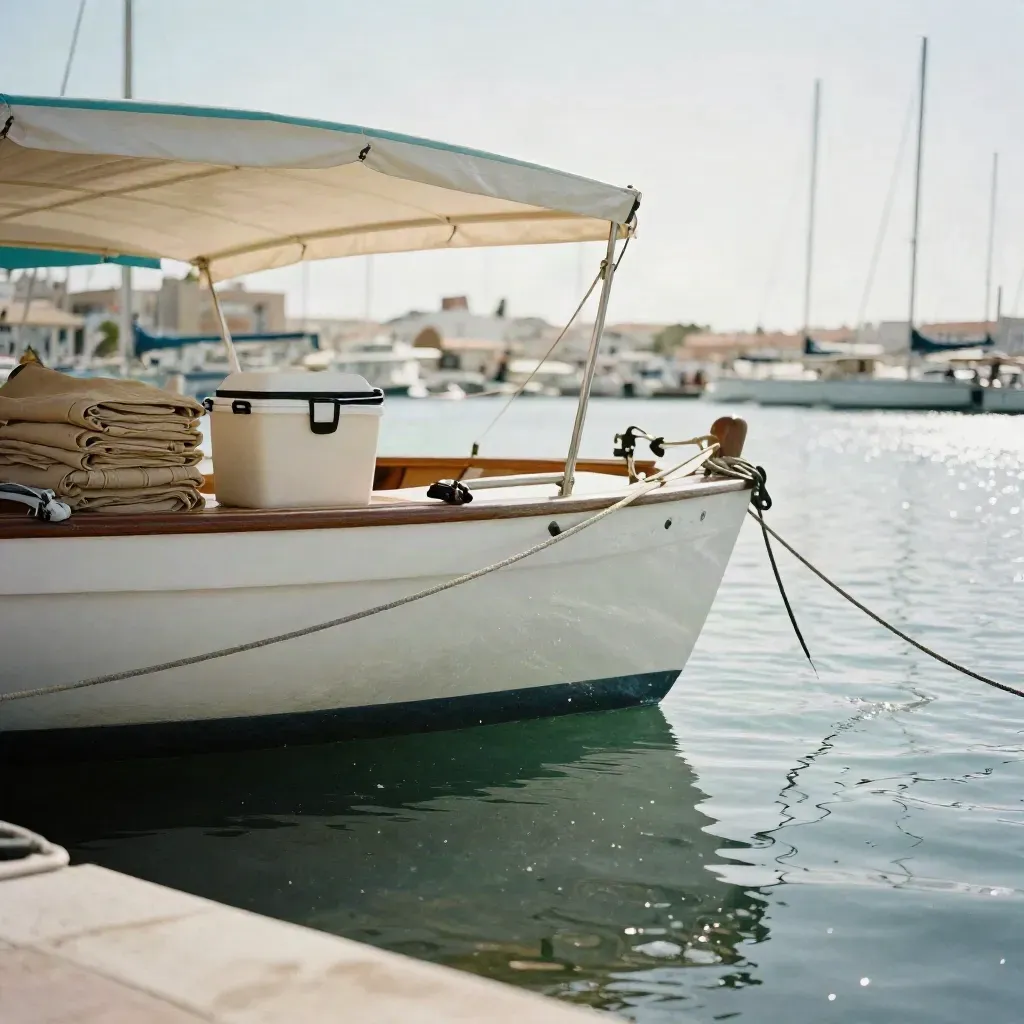 Barco chárter familiar listo en el puerto de Valencia, con mantas y asientos bajo vela turquesa.