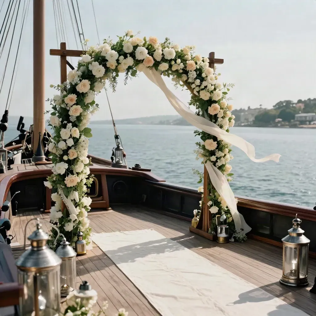Ceremonia nupcial íntima en la cubierta de un velero histórico junto al mar.