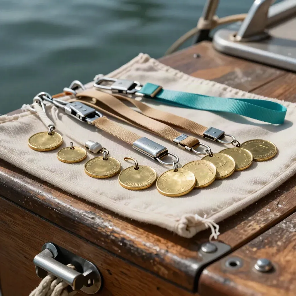 Tokens de embarque de latón con cuerdas y mosquetones sobre lona y madera de muelle