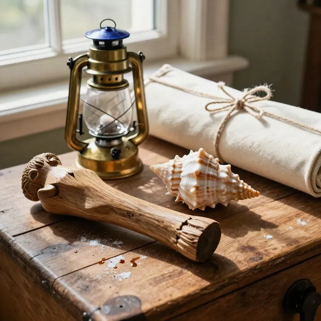 Concha, farol y figura de proa sobre un cofre de madera con luz suave marina.