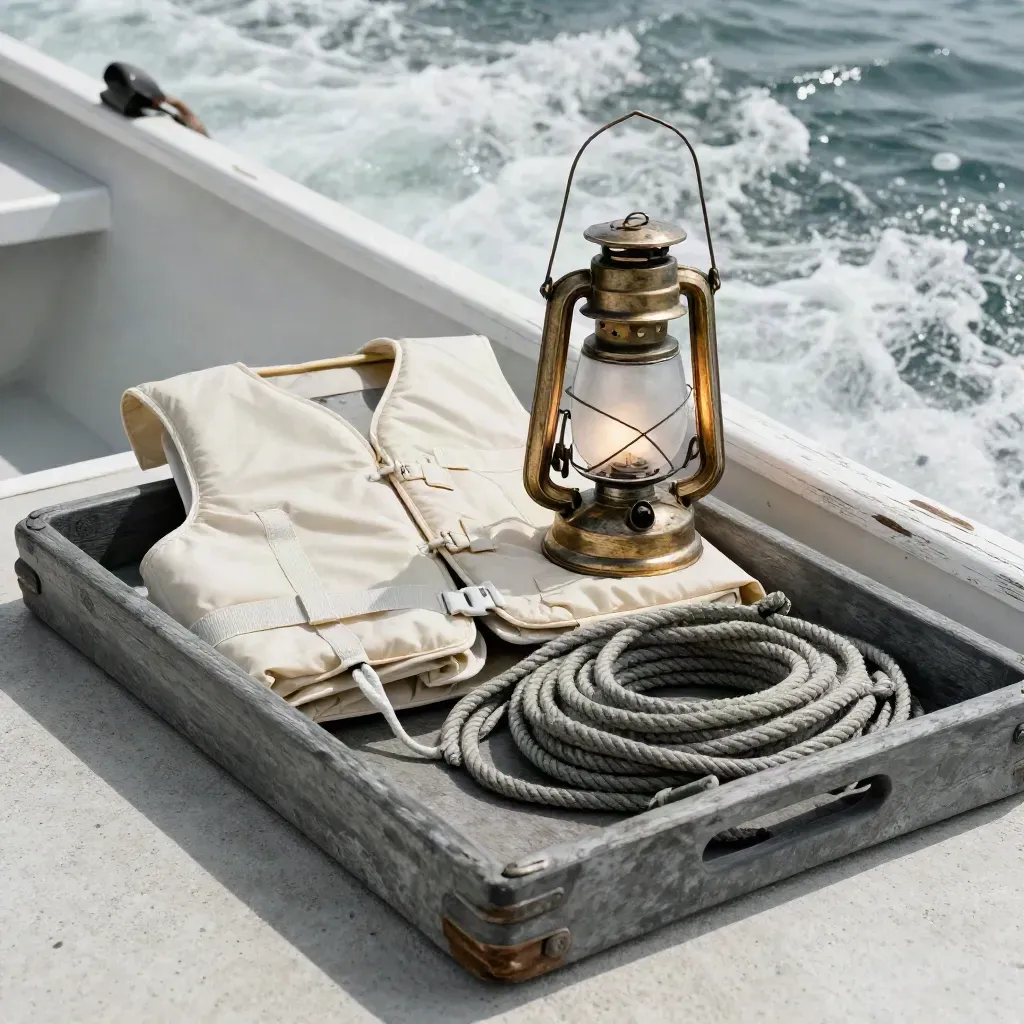 Farol encendido, chaleco salvavidas doblado y cabo enrollado junto a la borda en el muelle.