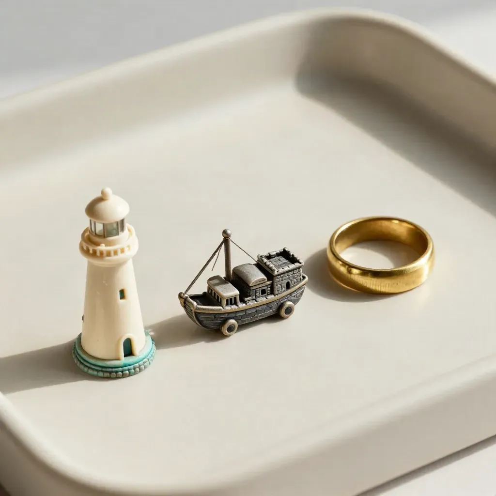 Charms náuticos con faro, carabela y fortaleza junto a un aro de latón sobre fondo claro.