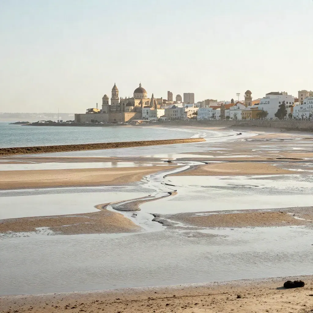 Vista de la bahía de Cádiz con la catedral alta sobre marismas y bancos de arena.