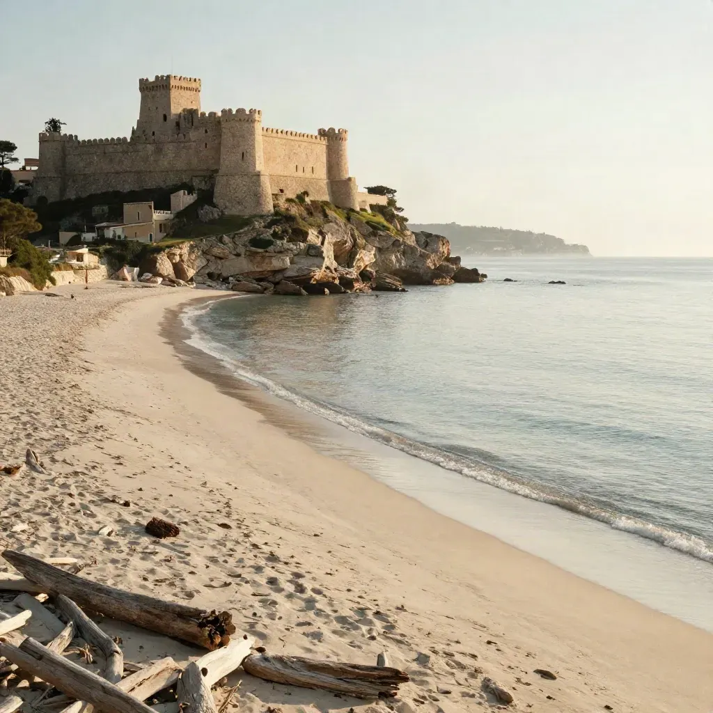 Castillo de Dénia sobre un litoral dorado y mar en calma, con bruma suave.