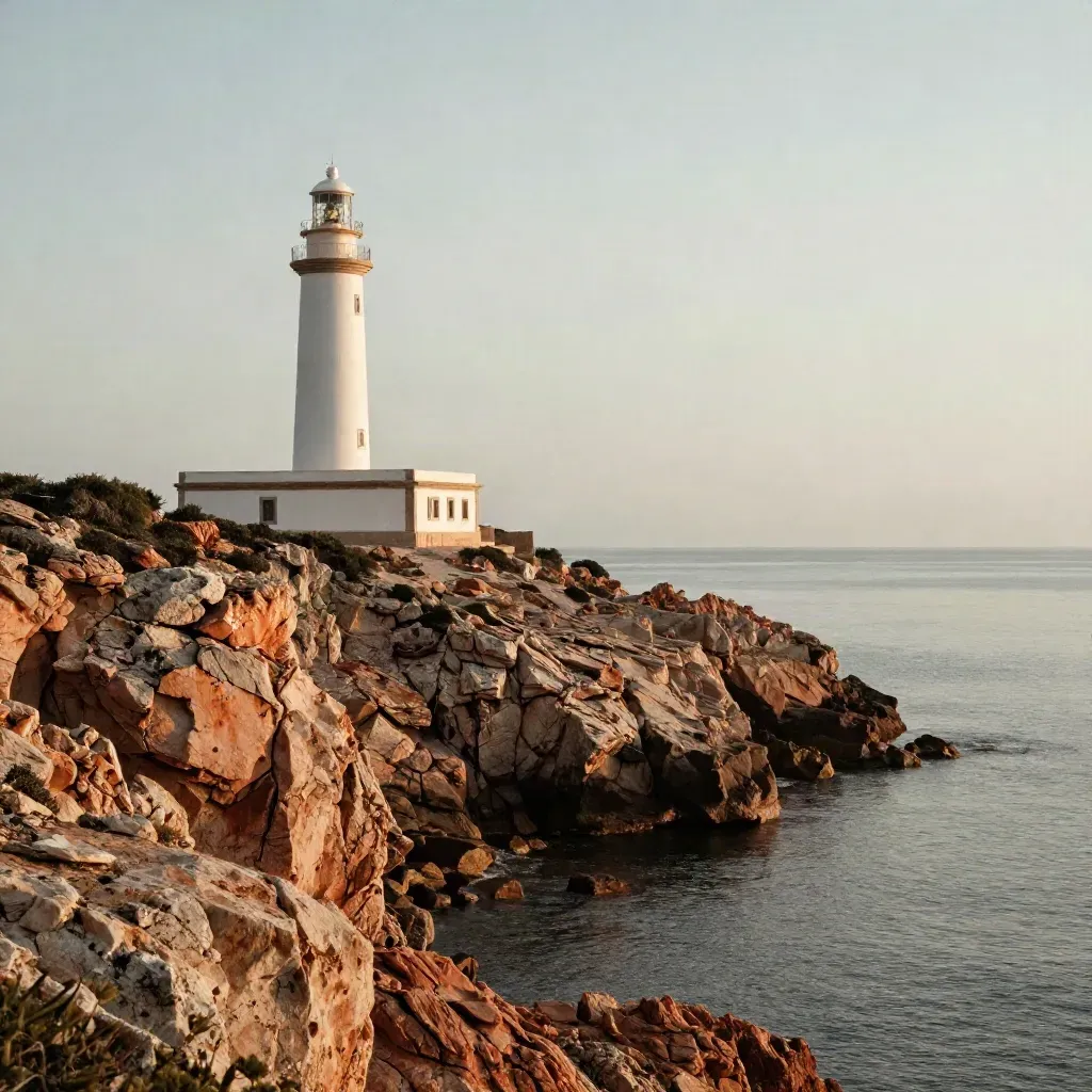 Faro de Cabo de Palos sobre acantilado rojizo y mar en calma con bruma suave.