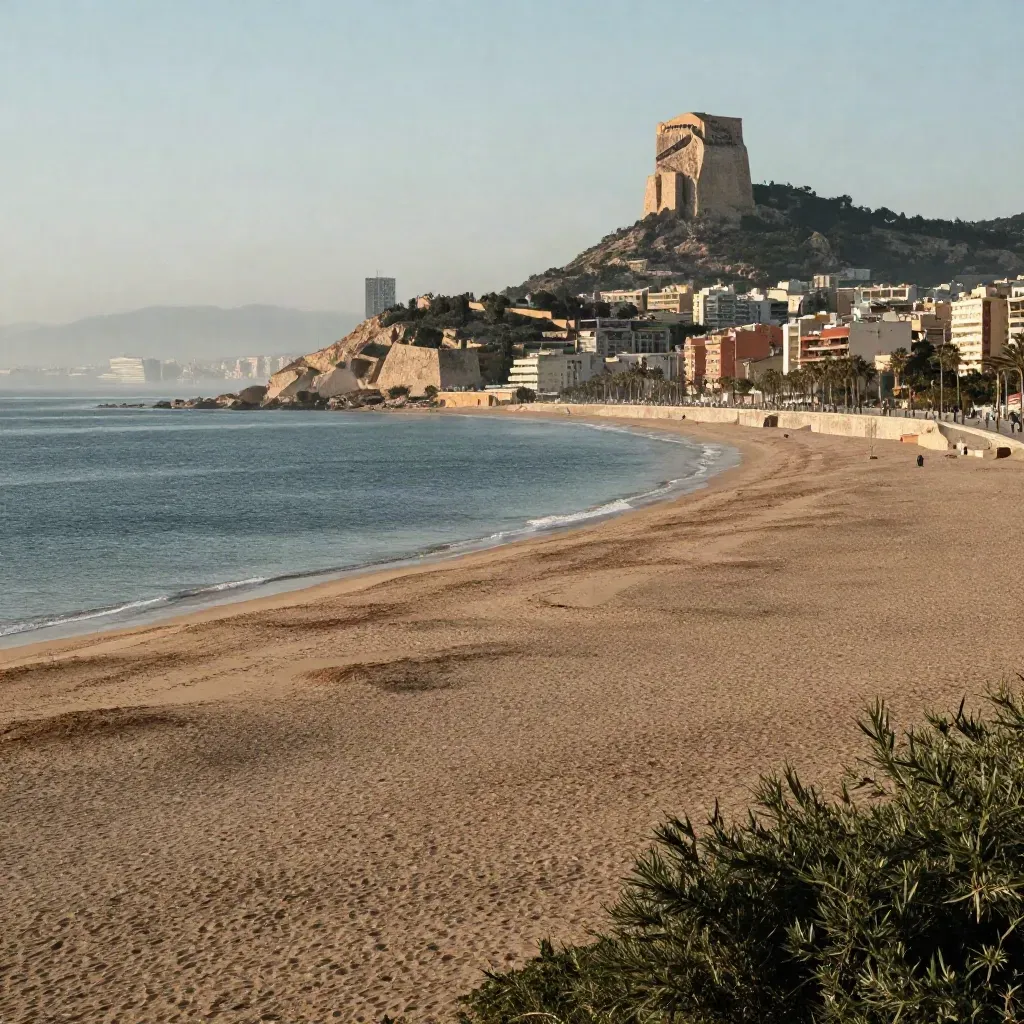 Costa de Barcelona con Montjuïc alto y playa quieta entre bruma marina.