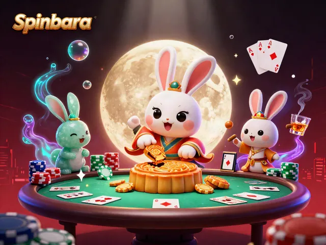 Spinbara casino illustration with the moon rabbit character amidst poker chips and game elements.