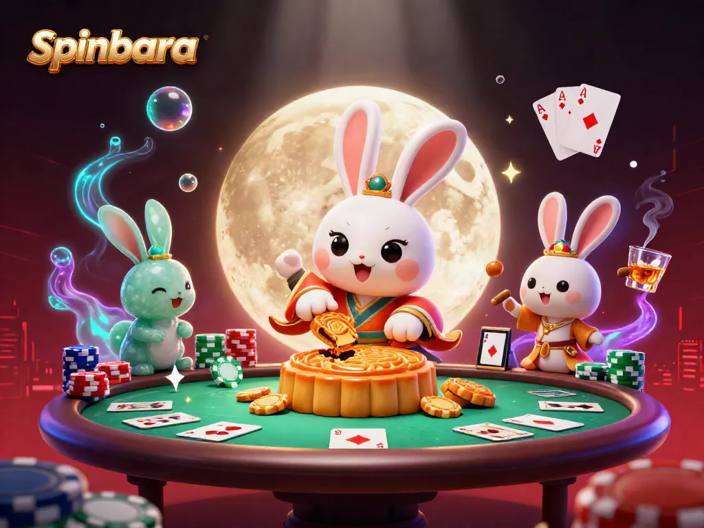 Spinbara casino illustration with the moon rabbit character amidst poker chips and game elements.